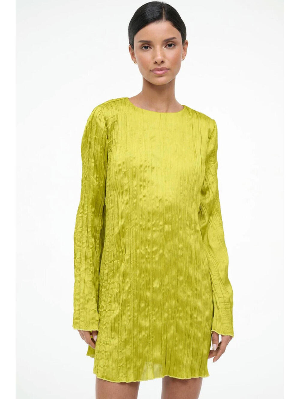 NWT Staud Kona Crinkle Satin Pleated Long Sleeve Mini Dress Tunic Shirt Small - Picture 6 of 9
